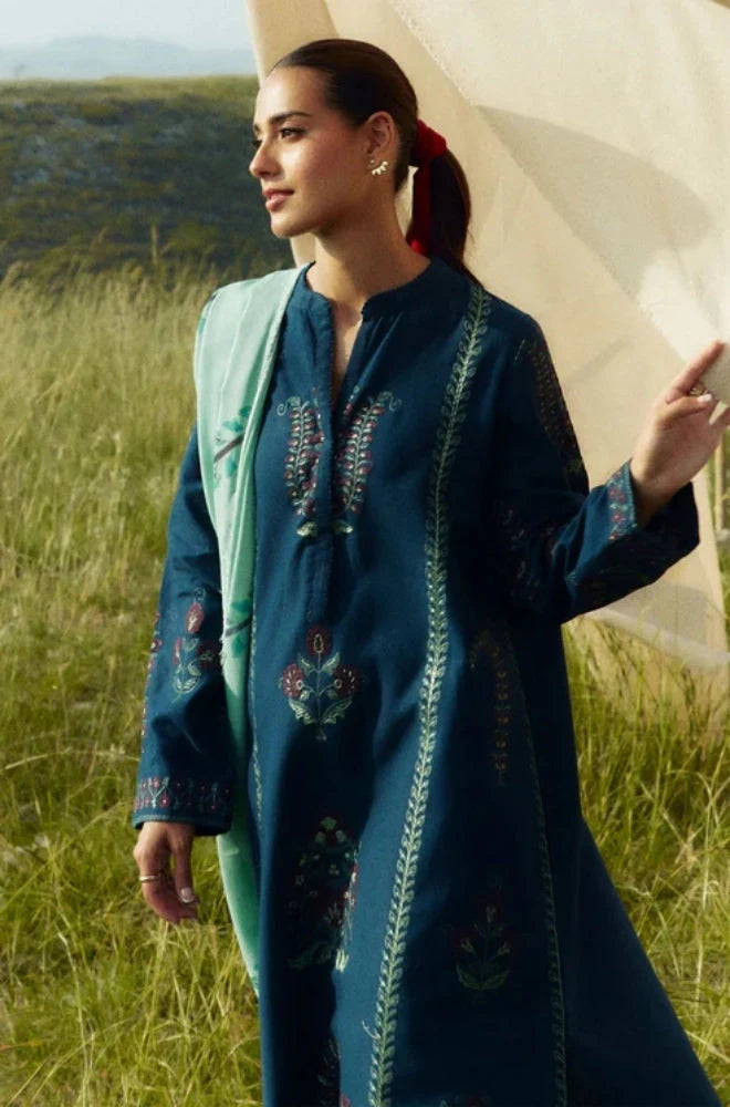 Zara Shah Jahan - 3PC Unstitched Dhanak Embroidered Shirt with Printed Shawl and Trouser - RC 1111