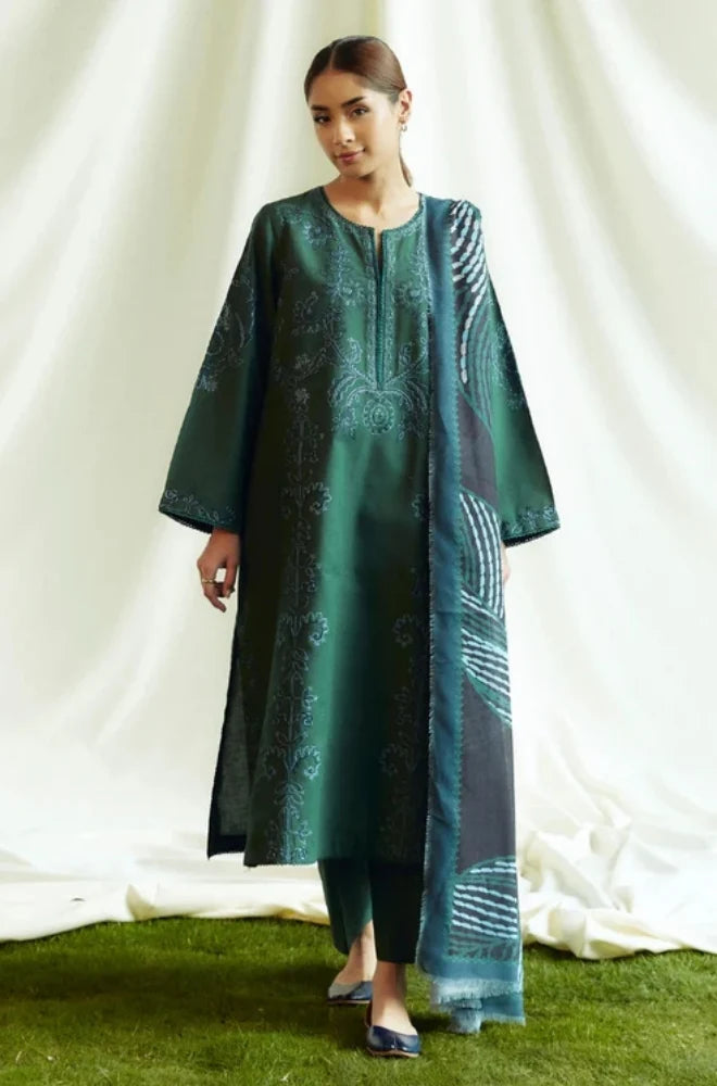 Zara Shah Jahan - 3PC Unstitched Dhanak Embroidered Shirt with Printed Shawl and Trouser - RC 1112