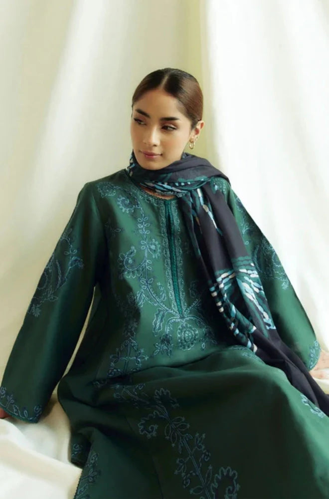 Zara Shah Jahan - 3PC Unstitched Dhanak Embroidered Shirt with Printed Shawl and Trouser - RC 1112