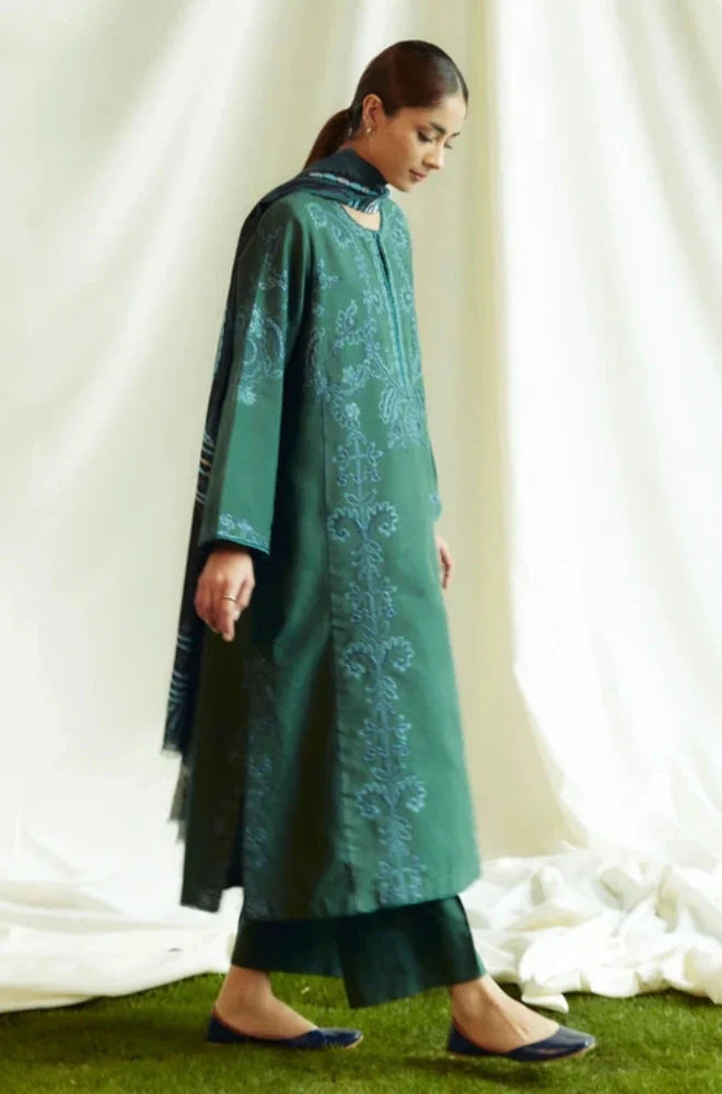 Zara Shah Jahan - 3PC Unstitched Dhanak Embroidered Shirt with Printed Shawl and Trouser - RC 1112