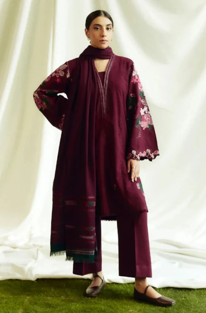 Zara Shah Jahan - 3PC Unstitched Dhanak Embroidered Shirt with Printed Shawl and Trouser - RC 1113