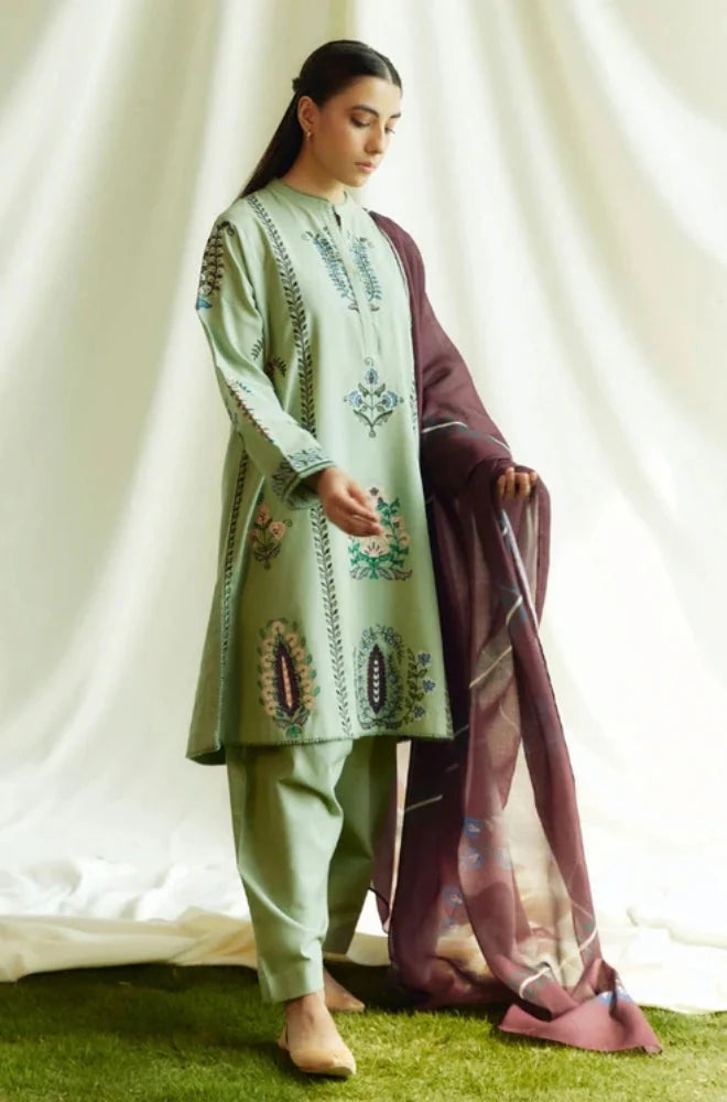 Zara Shah Jahan - 3PC Unstitched Dhanak Embroidered Shirt with Printed Shawl and Trouser - RC 1114