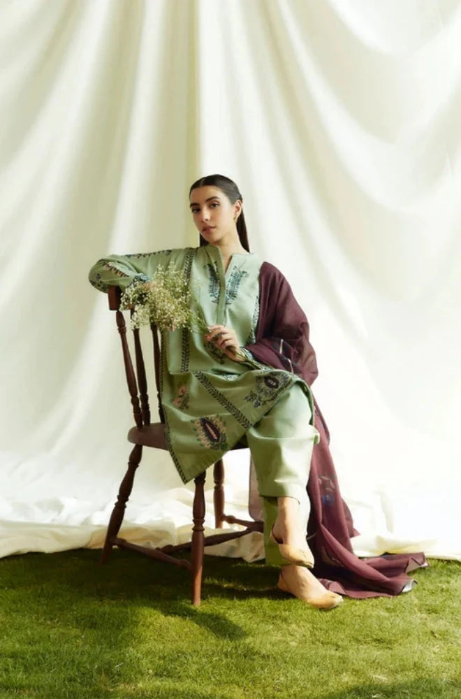 Zara Shah Jahan - 3PC Unstitched Dhanak Embroidered Shirt with Printed Shawl and Trouser - RC 1114