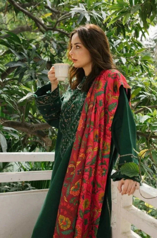 Zara Shah Jahan - 3PC Unstitched Dhanak Embroidered Shirt with Printed Shawl and Trouser - RC 1117