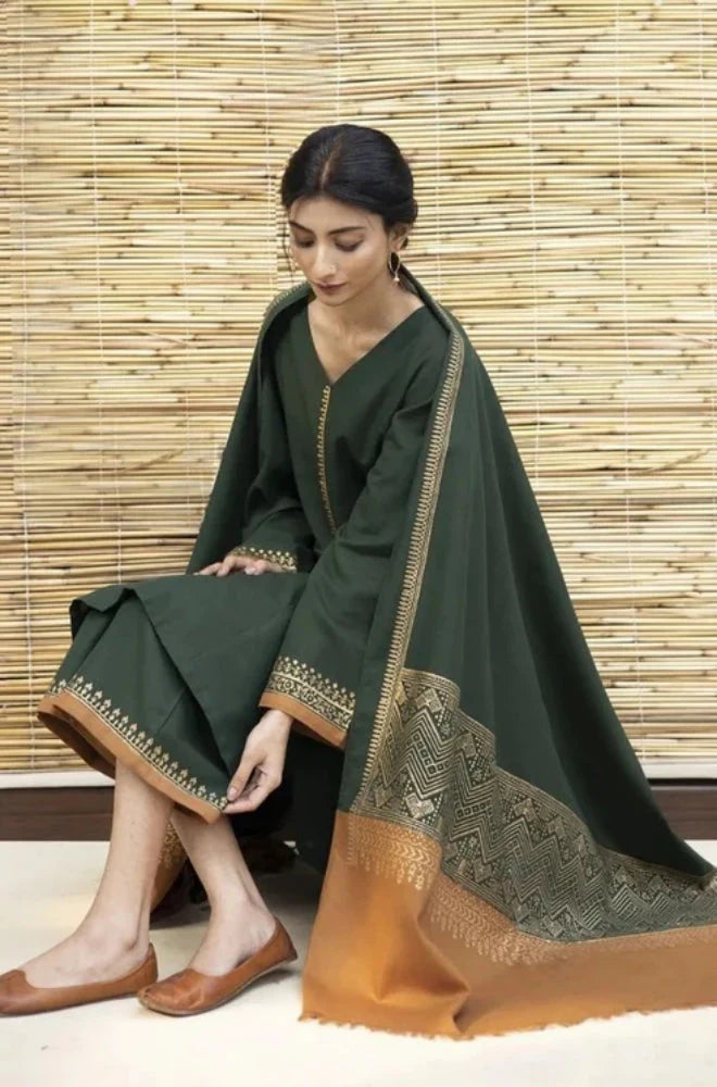 Zarpash - 3PC Unstitched Dhanak Neckline Embroidered Shirt with Printed Shawl and Trouser - RC 1119