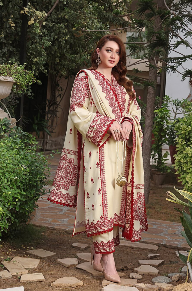 3PC Dhanak Embroidered Shirt with Dhanak Embroidered Shawl (Unstitched) - RC 1178