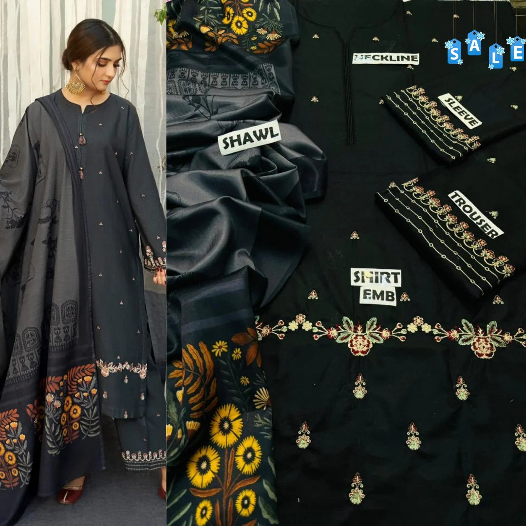 Urge - 3PC Unstitched Dhanak Embroidered Shirt with Printed Shawl and Embroidered Trouser - RC 1125