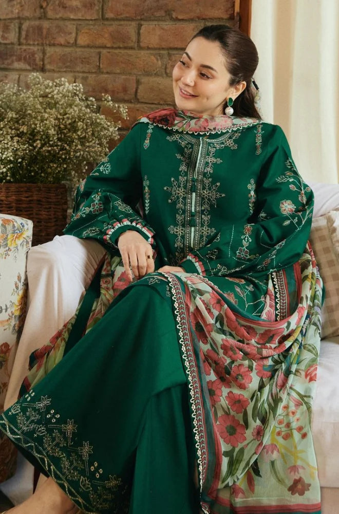 Zara Shah Jahan - 3PC Unstitched Dhanak Embroidered Shirt with embroided back and Printed Shawl and Trouser - RC 1127
