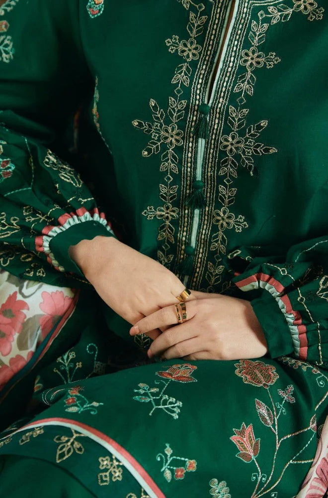 Zara Shah Jahan - 3PC Unstitched Dhanak Embroidered Shirt with embroided back and Printed Shawl and Trouser - RC 1127