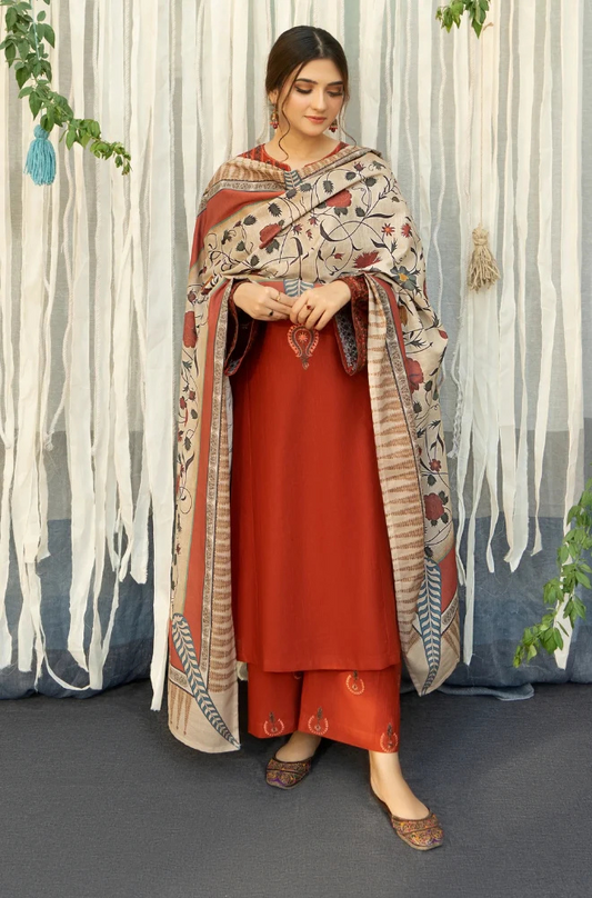 3PC Unstitched Khaddar Embroidered Shirt with Digital Printed Dupatta and Embroidered Trouser - RC 1180