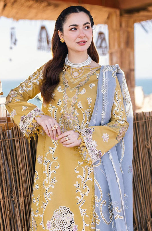 3PC Unstitched Lawn Chicken Kari Embroidered Shirt with Embroidered Slub Net Dupatta - RC 1028