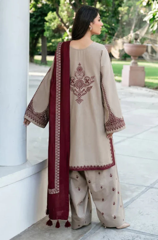 3PC Unstitched Dhanak Embroidered Shirt with Embroidered Dhanak Shawl and Trousers - RC 1102