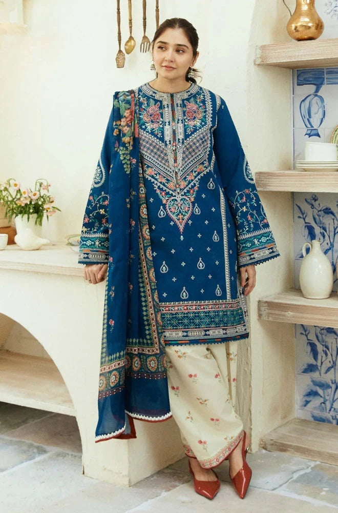 Zara Shah Jahan - 3PC Unstitched Lawn Embroidered Shirt with Digital Printed Silk Dupatta and Embroidered Trousers - RC 1009