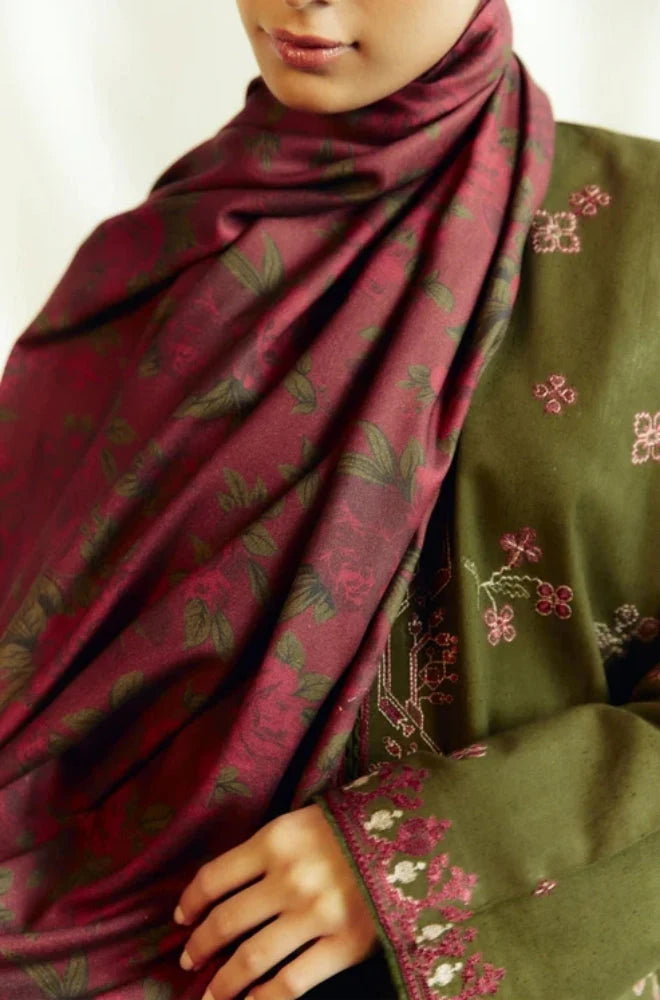 Zara Shah Jahan - 3PC Unstitched Dhanak Embroidered Shirt with Printed Shawl and Trouser - RC 1133