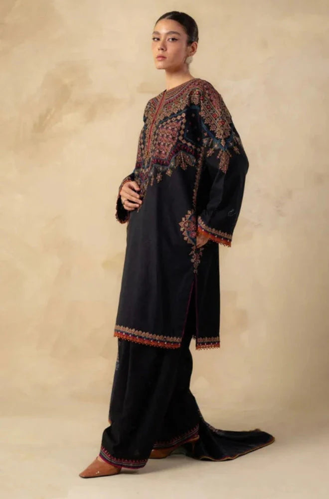 Zara Shah Jahan - 3PC Unstitched Dhanak Embroidered Shirt with Printed Shawl and Trouser - RC 1134