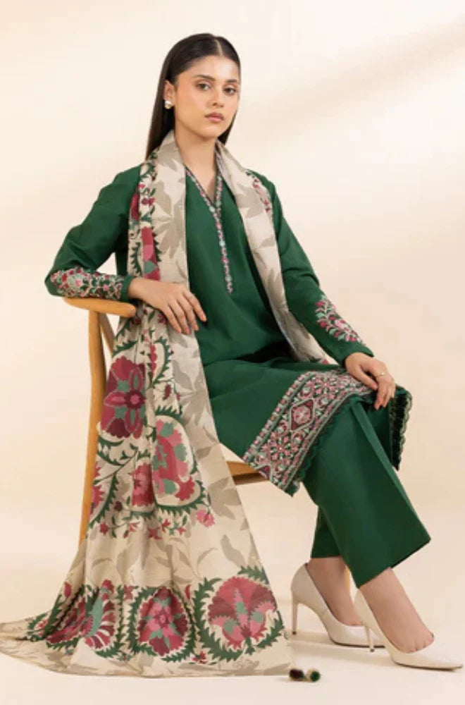 Sapphire - 3PC Unstitched Khaddar Embroidered Front with Digital Printed Shawl and Plain Trouser - RC 1136