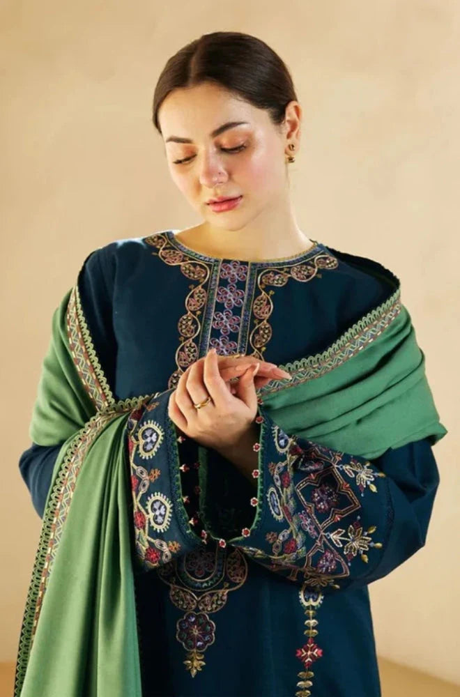 Zara Shah Jahan - 3PC Unstitched Dhanak Embroidered Shirt with Embroidered Dhanak Shawl and Trouser - RC 1137