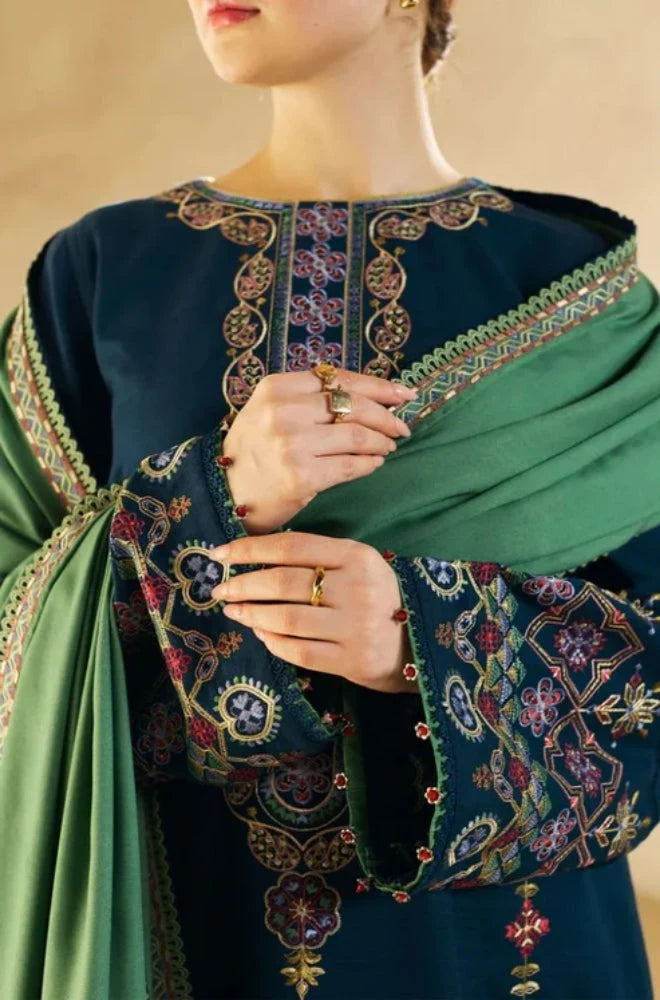 Zara Shah Jahan - 3PC Unstitched Dhanak Embroidered Shirt with Embroidered Dhanak Shawl and Trouser - RC 1137