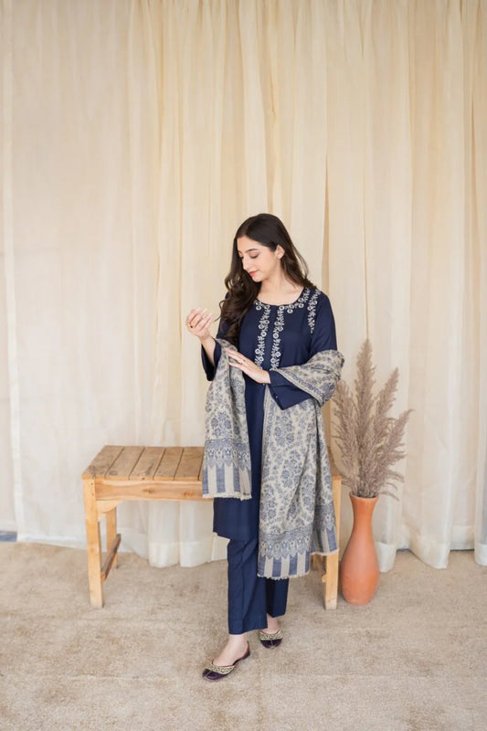 3PC Unstitched Dhanak Embroidered Shirt with Dhanak Shawl and Trouser - RC 1143