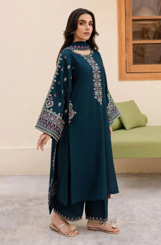 3PC Unstitched Dhanak Embroidered Shirt with Dhanak Embroidered Dupatta and Trousers - RC 1145