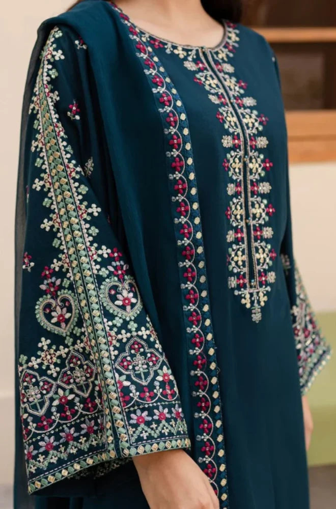 3PC Unstitched Dhanak Embroidered Shirt with Dhanak Embroidered Dupatta and Trousers - RC 1145