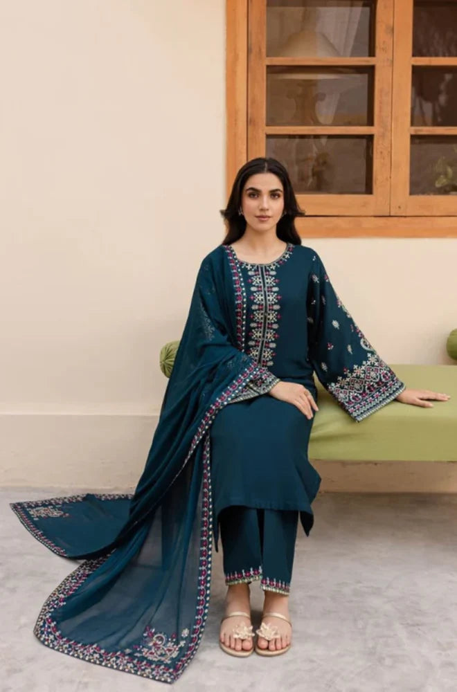 3PC Unstitched Dhanak Embroidered Shirt with Dhanak Embroidered Dupatta and Trousers - RC 1145