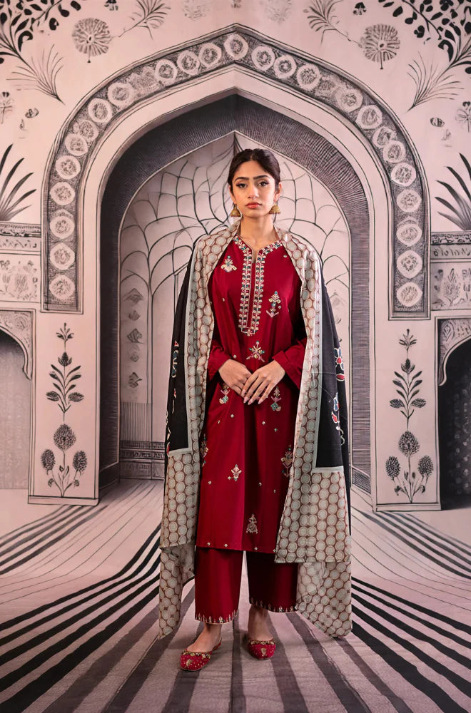 Urge- 3PC Unstitched Dhanak Embroidered Shirt with Digital Printed shawl and Embroidered Trouser - RC 1153