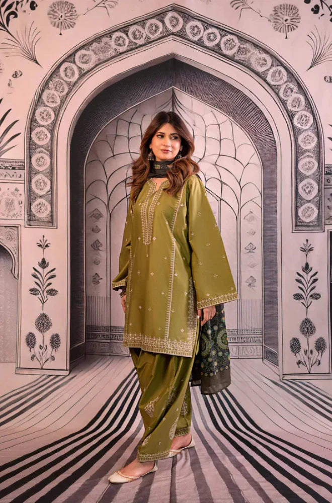Urge- 3PC Unstitched Dhanak Embroidered Shirt with Digital Printed shawl and Embroidered Trouser - RC 1154