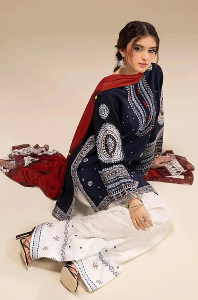 Jazmin- 3PC Unstitched Dhanak Embroidered Shirt with Digital Printed shawl and Embroidered Trouser - RC 1156
