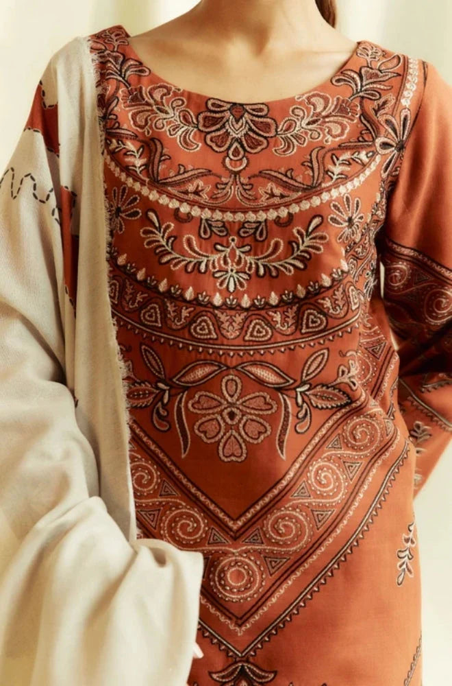 Zara Shah Jahan - 3PC Unstitched Dhanak Embroidered Shirt with Printed Shawl and Trouser - RC 1107