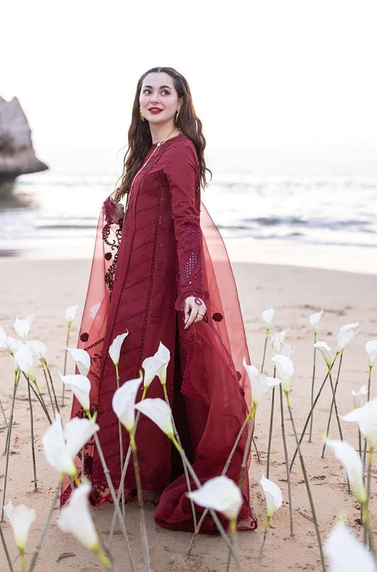 3PC Unstitched Lawn Embroidered Chicken Kari Shirt with Embroidered Organza Dupatta - RC 1026