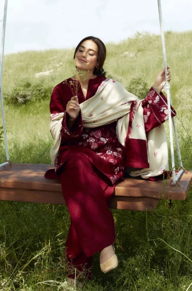 Zara Shah Jahan - 3PC Unstitched Dhanak Embroidered Shirt with Printed Shawl and Trouser - RC 1108