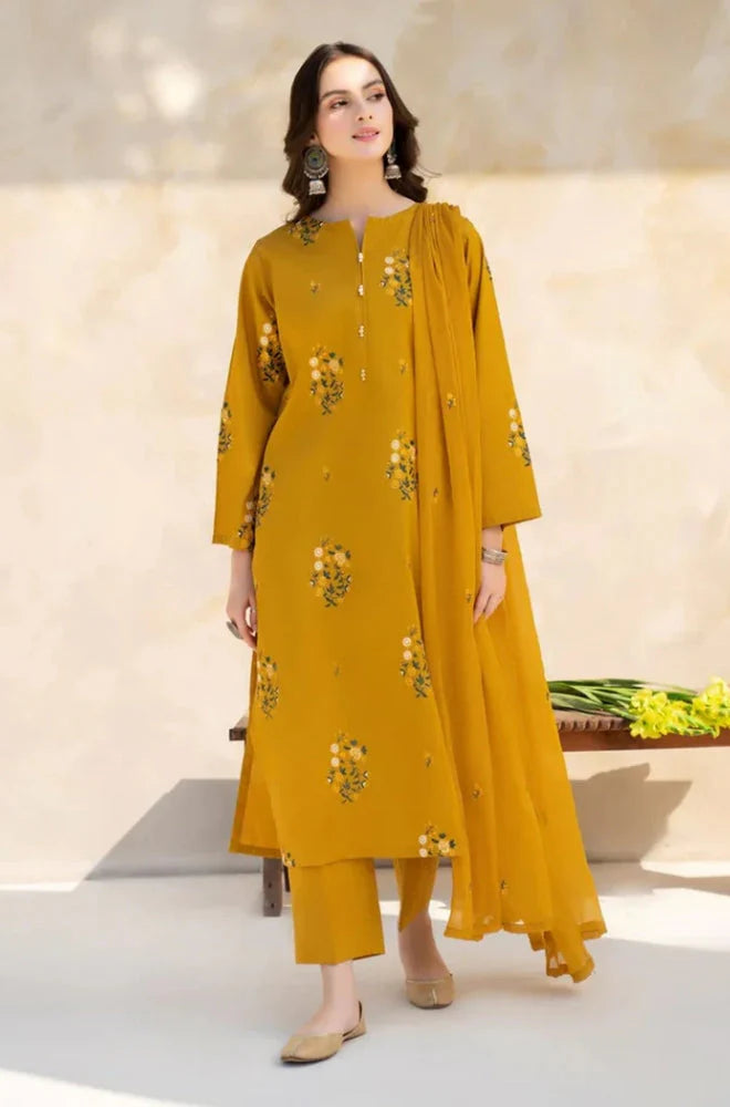 BAROQUE - 3PC Unstitched lawn Embroidered Shirt with Bamber Chiffon Dupatta and Trouser - RC 1001
