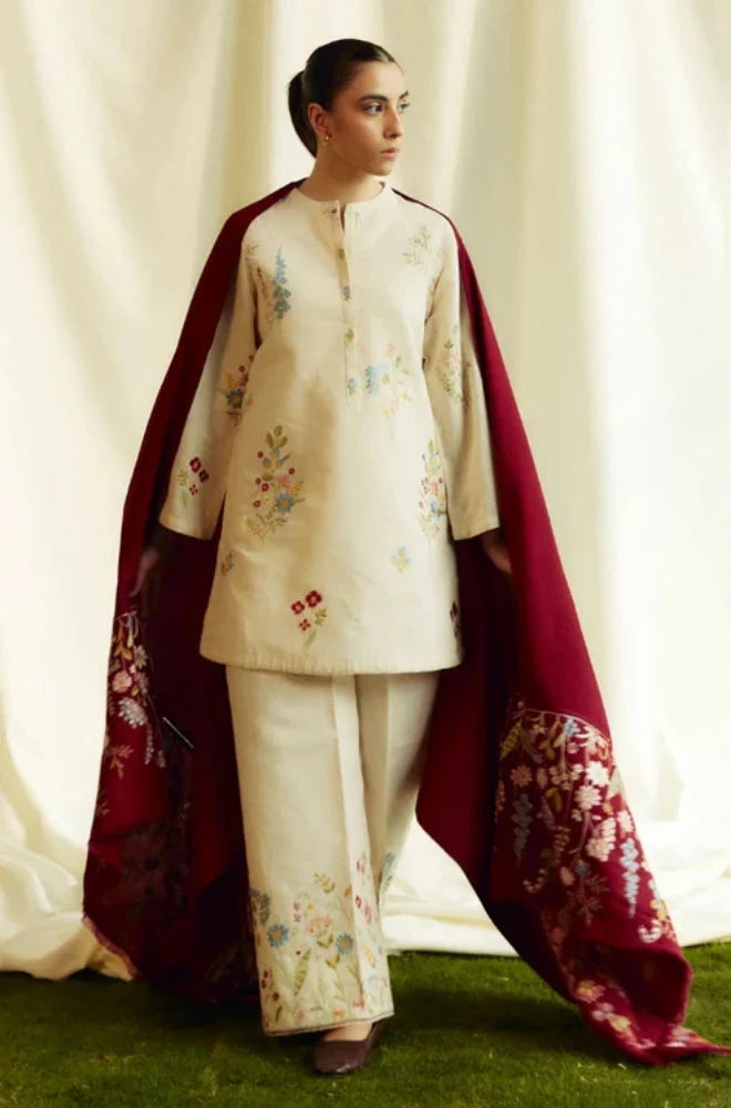 Zara Shah Jahan - 3PC Unstitched Dhanak Embroidered Shirt with Dhanak Embroidered Shawl and Embroidered Trouser - RC 1109