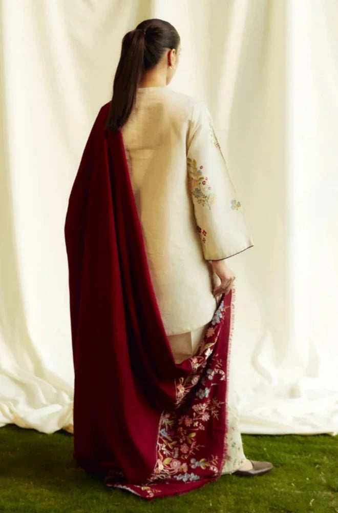 Zara Shah Jahan - 3PC Unstitched Dhanak Embroidered Shirt with Dhanak Embroidered Shawl and Embroidered Trouser - RC 1109