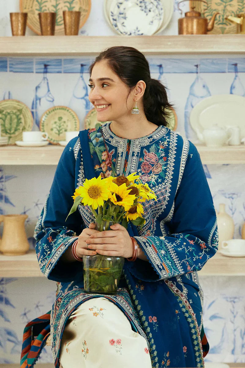 Zara Shah Jahan - 3PC Unstitched Lawn Embroidered Shirt with Digital Printed Silk Dupatta and Embroidered Trousers - RC 1009
