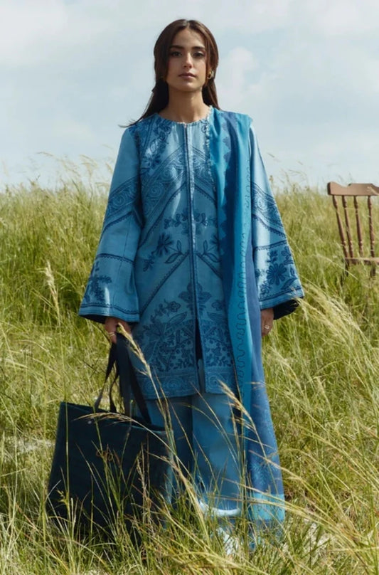 Zara Shah Jahan - 3PC Unstitched Dhanak Embroidered Shirt with Printed Shawl and Trouser - RC 1110