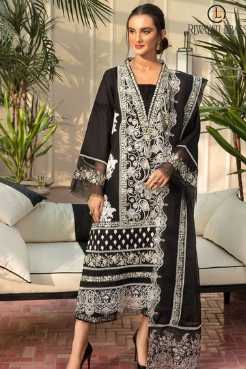 3PC Unstitched Lawn Embroidered Shirt with Embroidered Slub Net Dupatta and Trouser - RC 1070