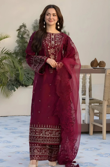 3PC Unstitched Lawn Embroidered Shirt with Embroidered Organza Dupatta - RC 1012