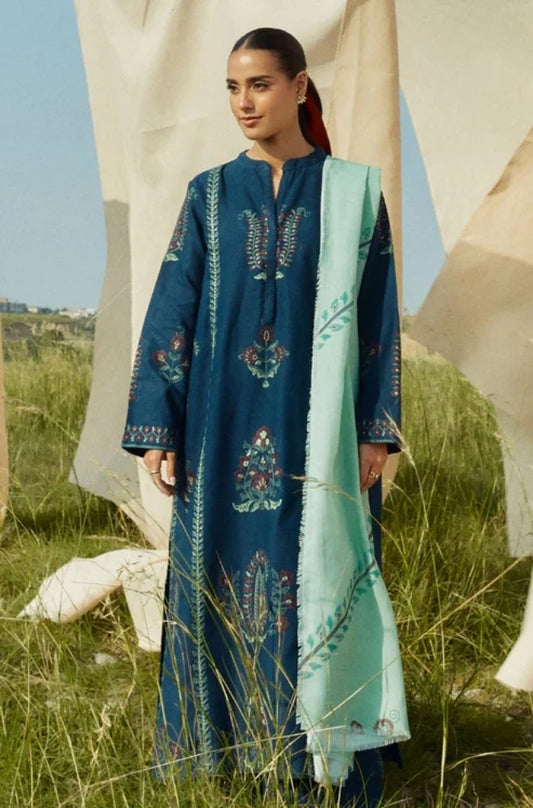 Zara Shah Jahan - 3PC Unstitched Dhanak Embroidered Shirt with Printed Shawl and Trouser - RC 1111