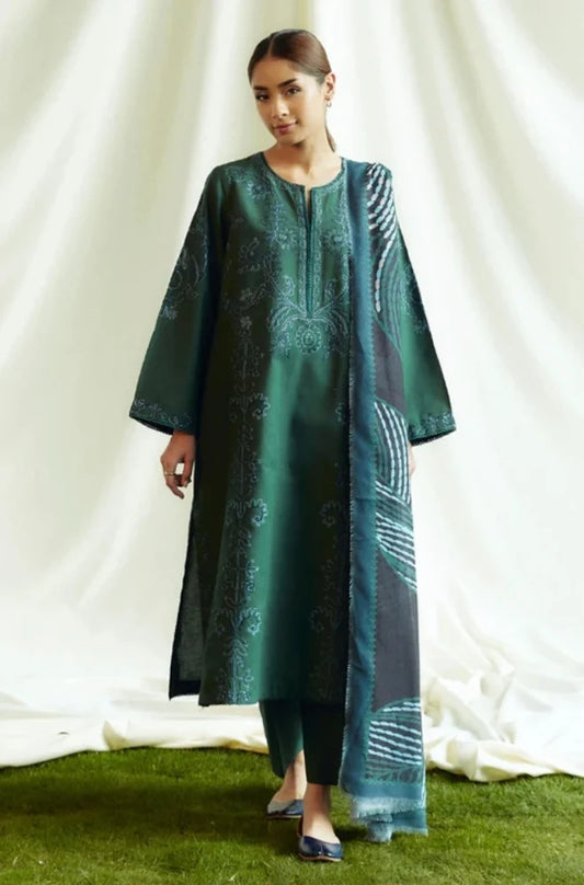 Zara Shah Jahan - 3PC Unstitched Dhanak Embroidered Shirt with Printed Shawl and Trouser - RC 1112