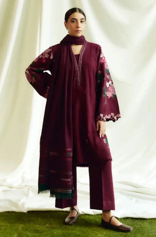 Zara Shah Jahan - 3PC Unstitched Dhanak Embroidered Shirt with Printed Shawl and Trouser - RC 1113