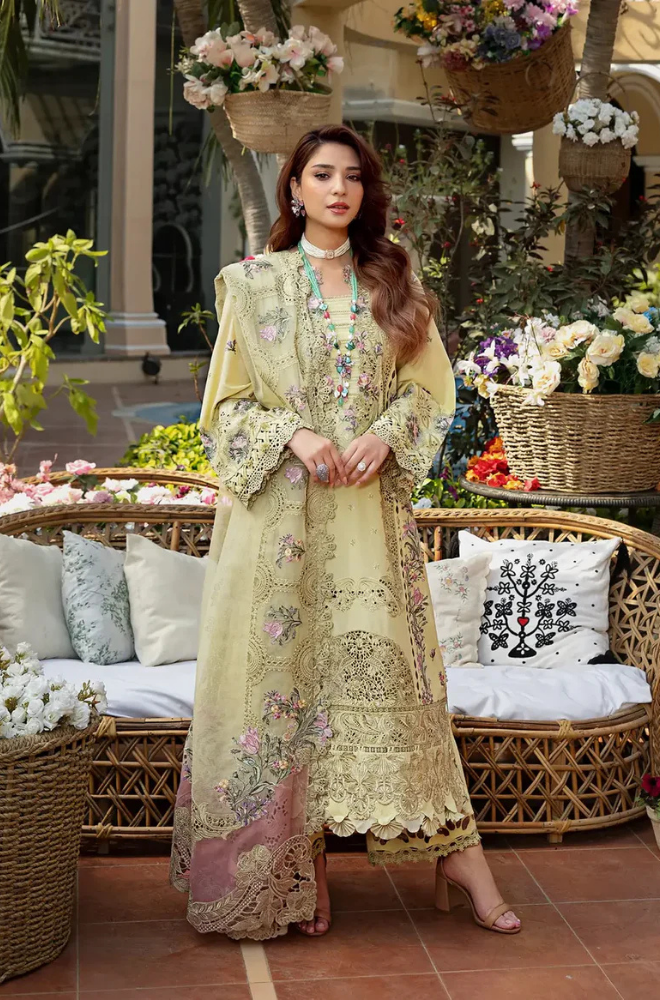 3PC Unstitched Lawn Embroidered Shirt with Embroidered Slub Net Dupatta - RC 1078