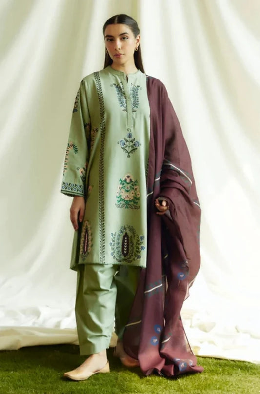 Zara Shah Jahan - 3PC Unstitched Dhanak Embroidered Shirt with Printed Shawl and Trouser - RC 1114