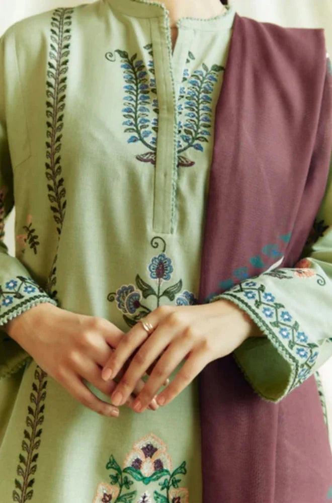 3PC Unstitched Dhanak Embroidered Shirt with Printed Shawl and Trouser - RC 1114