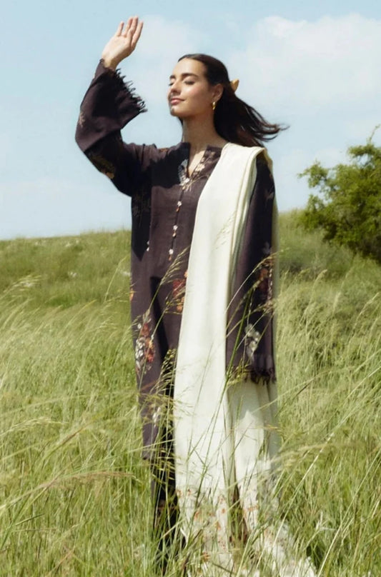 Zara Shah Jahan - 3PC Unstitched Dhanak Embroidered Shirt with Printed Shawl and Trouser - RC 1115