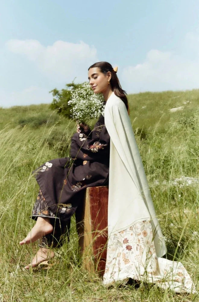 3PC Unstitched Dhanak Embroidered Shirt with Printed Shawl and Trouser - RC 1115