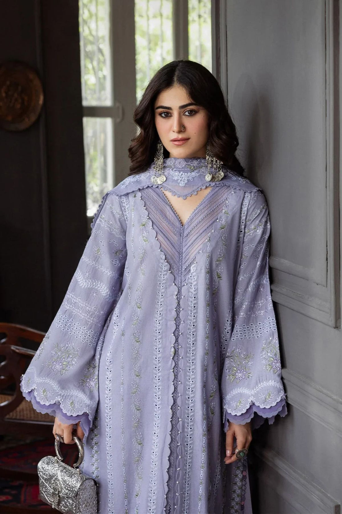 3PC Unstitched Lawn Embroidered Shirt with Embroidered Slub Net Dupatta and Trouser - RC 1041