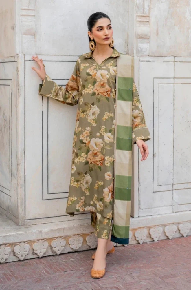 3PC Unstitched Printed Khaddar Shirt with Printed Khaddar Dupatta and Same Printed Trouser - RC 1517