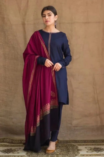 3PC Unstitched Dhanak Neckline Embroidered Shirt with Printed Shawl and Trouser - RC 1118